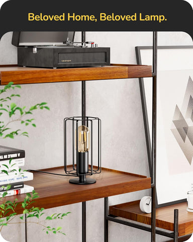 SEDISHINE Industrial Table Lamp – Black Metal Cage Lamp with LED Bulb, E27 Socket & 165cm Cord for Bedroom, Desk, Bedside & Living Room