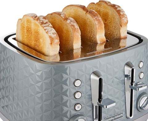 4 Slice Toaster – High Gloss Geometric Design, Defrost & Reheat, Wide Slots, Removable Crumb Tray – Grey