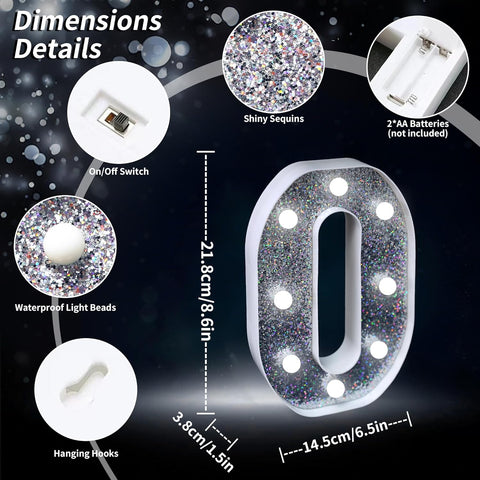 Letter O Style LED Marquee Lamp, Silver Glitter Light Up Letter Sign, Battery Powered Tabletop Decorative Marquee Light with On/Off Switch for Wedding, Birthday, Party and Home Decor