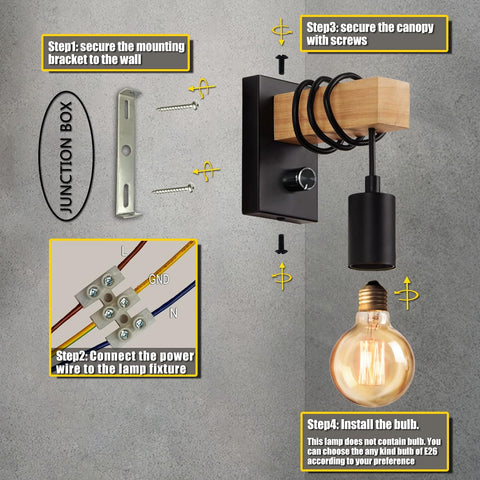 Wall Lights with Switch Vintage Wall Lamp Wooden Wall Light Indoor Industrial Wall Sconce Dimmable E27 Edison Lighting Fixture for Bedroom, Dining Room, Living Room