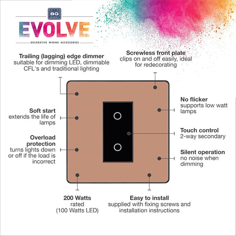 BG Electrical Single Slave/Secondary Touch Dimmer Wall Light Switch, 2-Way, Trailing Edge, Screwless Front Plate, Evolve, Polished Copper, 200W, PCDCPTDS1B