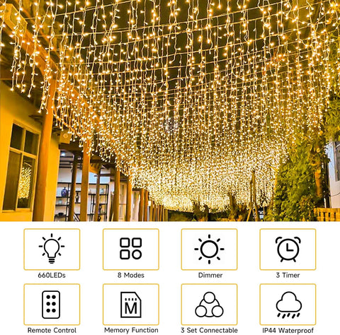 660 LED 20m Icicle Christmas Lights Warm White – Outdoor Festive Lighting for Rooflines, Gutters & Gardens - Bring a Cosy Winter Glow to Your Home