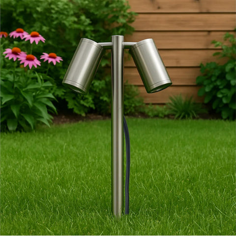 UKEW Twin Garden Spike Light - Adjustable Head GU10 LED Spike Lamp - IP65 Waterproof Tree Spotlight for Outdoor Pathway Lighting - Aluminum Ground Mount LED Compatible Fitting