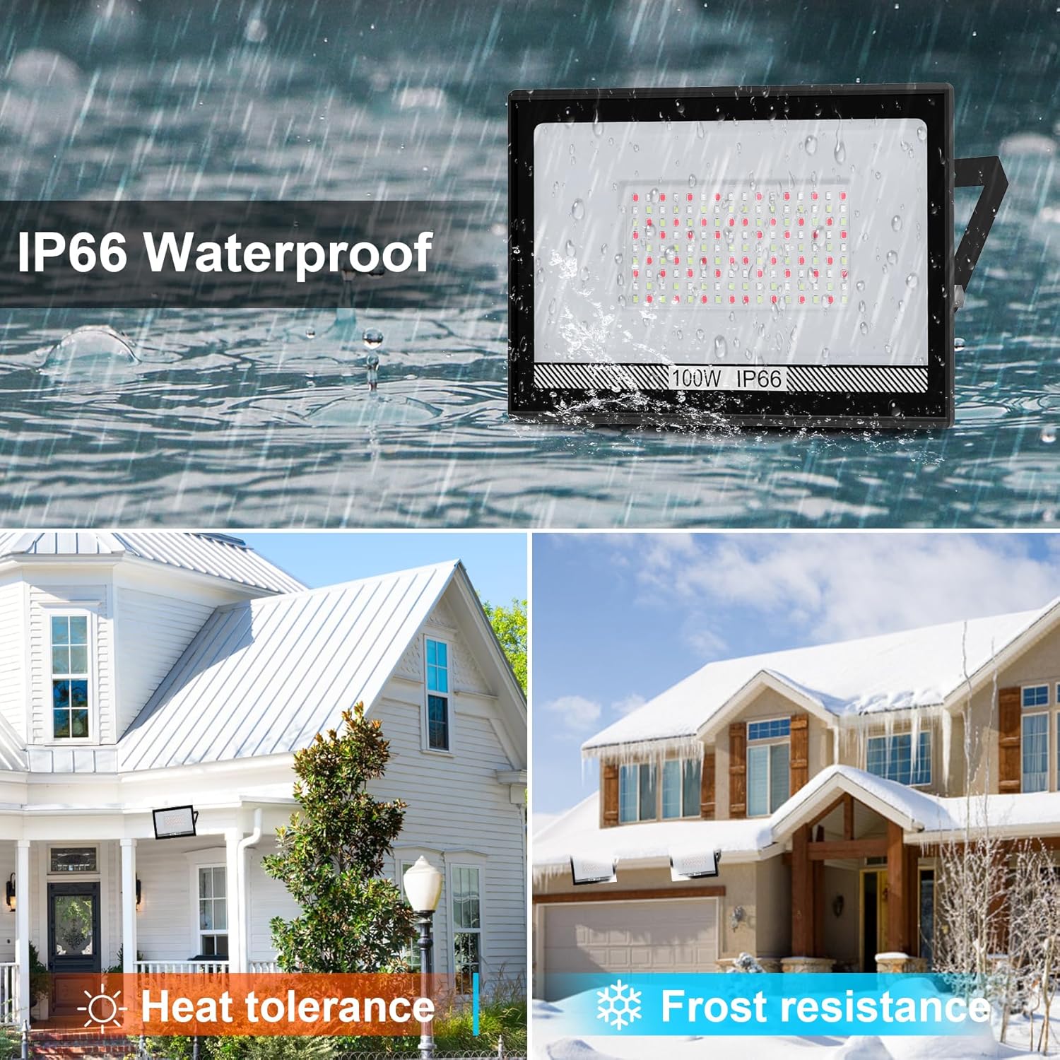 LED light panel with IP66 waterproof rating, shown under water and on a house exterior.