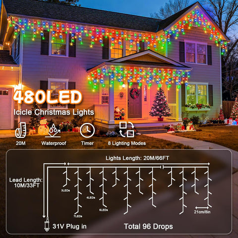 cshare Icicle Lights Outdoor 20M 480 LEDs Multicoloured Waterproof