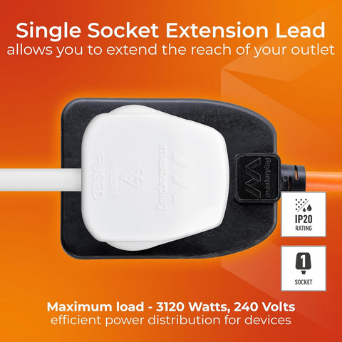 Masterplug One Socket Single Outdoor Extension Lead, 10 Metre Cable, Cable Tidy, Unswitched, Heavy Duty, Rewireable, 1-Way Plug Extension Cable, Orange, 13A, 1G, 10m, BOG10O