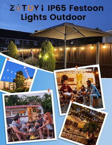 Outdoor setting with people enjoying time together, featuring ZOTTOY IP65 Festoon Lights.