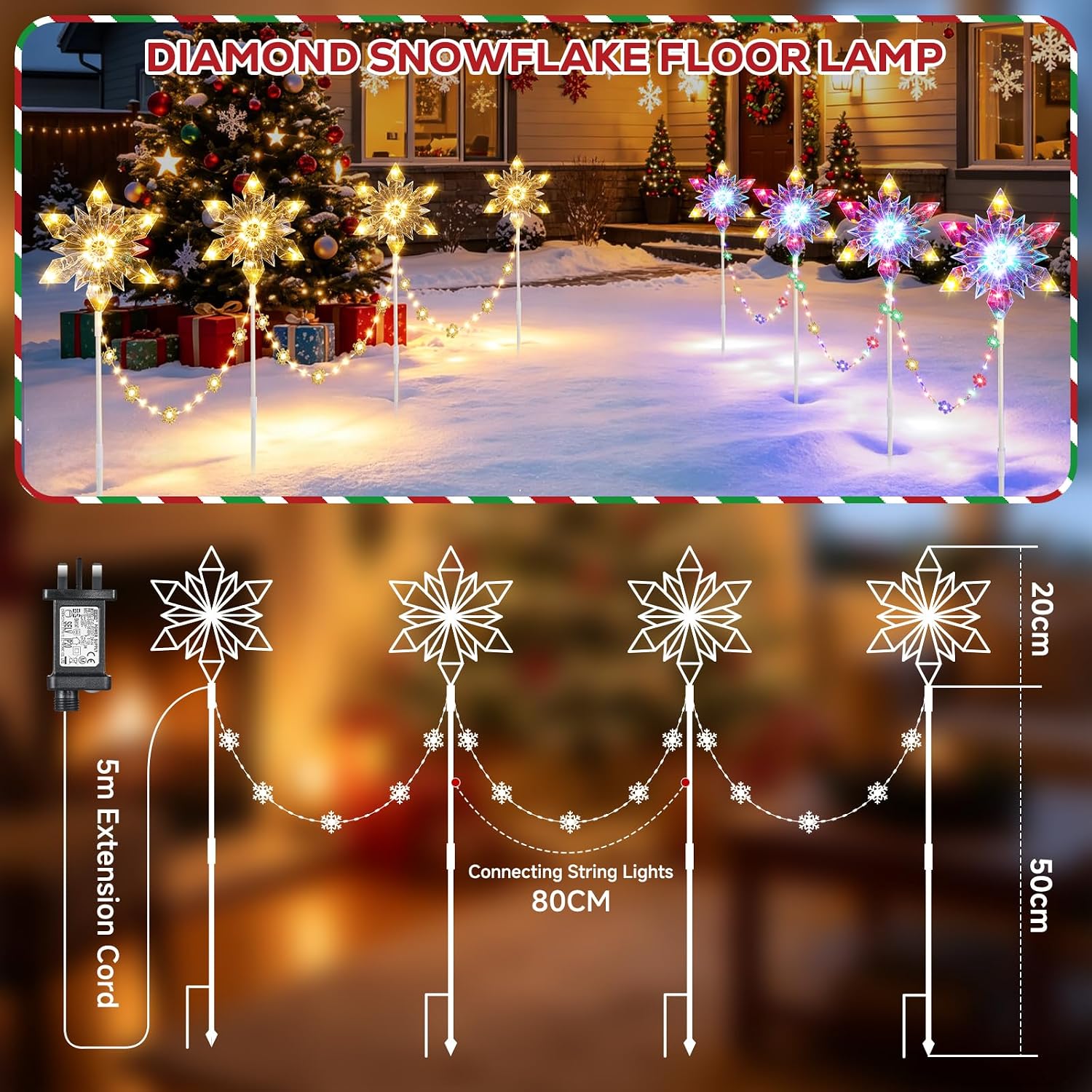 Quntis 3D Snowflake Christmas Pathway Lights Mains Powered, 70cm 96 LED