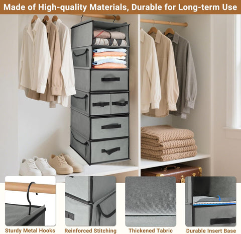 6-Tier Hanging Wardrobe Organiser with 5 Removable Drawers & 3 Side Pockets – Heavy-Duty Fabric Storage Shelves