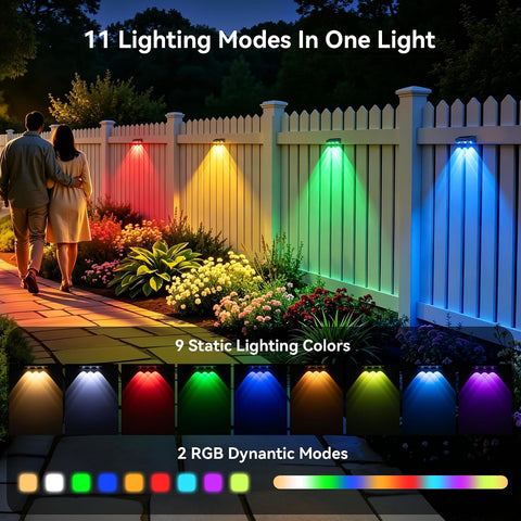 sununiny Solar Fence Lights Outdoor,3 Lens Solar Lights Outdoor Garden IP65 Waterproof 9 Colors 11 Lighting Modes,Outside Wall Light for Garage,Backyard/Railing/Patio/Pool,4 Pack [Energy Class A+++]