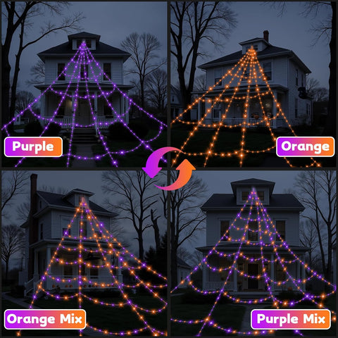 Halloween Spider Web Lights Outdoor 16.4 x 14.44ft Giant Cobweb with 550 Purple & Orange LEDs, 11 Lighting Modes, Remote Control & Timer for Gardens, Yards & Halloween Displays