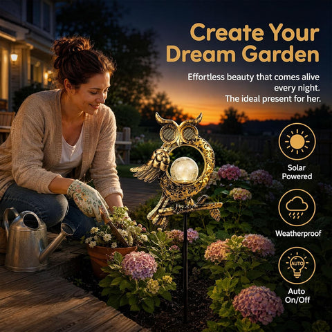 Solar Lights Outdoor Garden, Waterproof Solar Owl Lights, Owl Garden Solar Lights, LED Crackle Glass Ball Dynamic Eye Lighting for Patio, Pathway, Garden Decorations, Birthday Gifts for Women, Mum