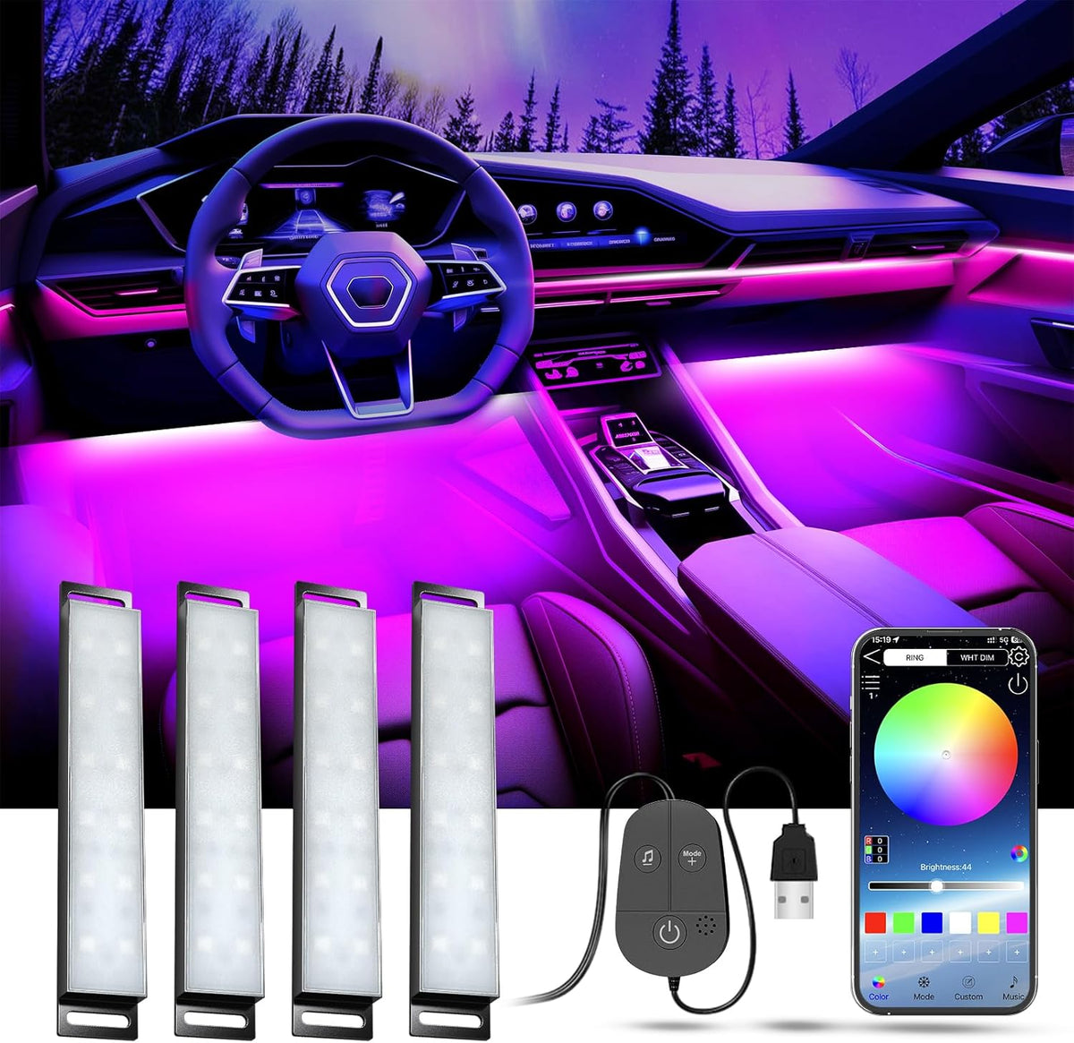 RGB Car Interior LED Light Kit with APP Control, Music Sync, USB Powered Ambient Lighting, 16 Million Colours, DC 5V