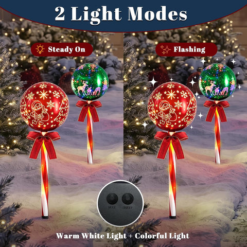 Christmas Pathway Lights Outdoor, 6 pcs Candy Cane Christmas Reindeer Lights with 8 Modes, Outdoor Decorations Light, LED Santa Claus Gift for Yard Path Garden Decor (Red Green - Xmas Ball)