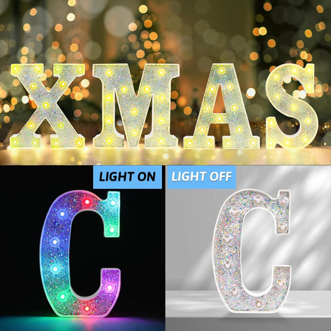 C Style Color Changing LED Letter Light, Glitter Marquee Lamp with 18 Colors, Remote Controlled, Battery Powered Decorative Letter Light for Party, Wedding, Birthday and Home Decor