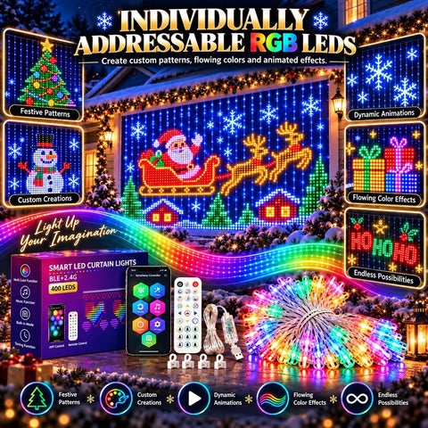 Christmas LED House Net & Smart Outdoor Wall Curtain Light – RGB Christmas Net Lights with App & Remote Control, Timer, IP65 Weatherproof Design for Windows, Walls, Fences & House Facades - Turn Your Home Into a Christmas Light Show