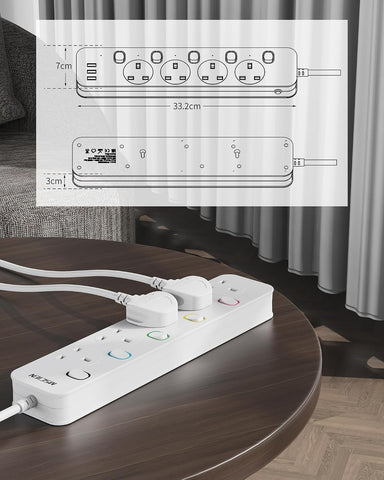Mscien 1M 5 Way Extension Lead with Individual Switches – Wall-Mountable White Power Strip for Home & Office – Keep Every Plug Within Easy Reach