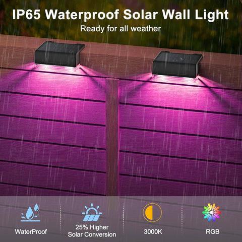 4 pack Dynamic RGB Solar Fence Lights - 8 Lighting Modes Waterproof LED Floodlights with 12+ Hour Runtime