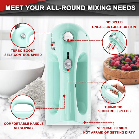 400W Hand Mixer Electric Whisk – 5 Speeds, Turbo Boost, Eject Button, 5 Accessories for Cake, Egg, Cream & Food Mixing