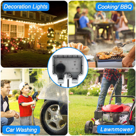 Collage of outdoor activities including decoration lights, cooking BBQ, car washing, and using a lawnmower.