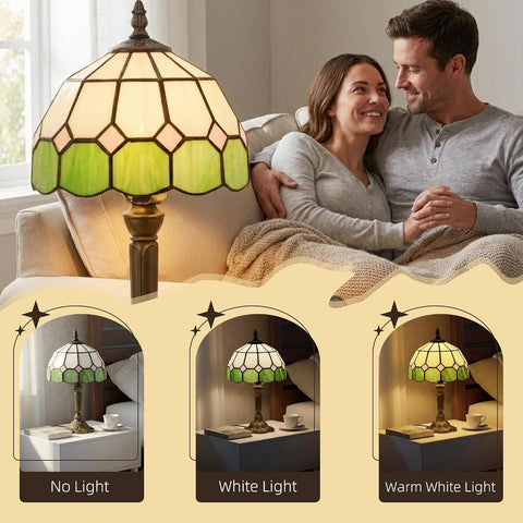 HOMCOM Handmade Stained Glass Table Lamp – Tiffany-Style Green Bedside Lamp with Bronze-Tone Zinc Alloy Base, E27 Socket & 40W Max for Bedroom, Living Room & Home