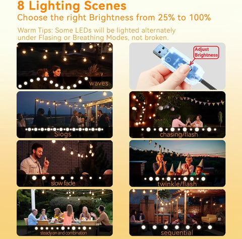 Festoon lights highlighting outdoor dinner table

