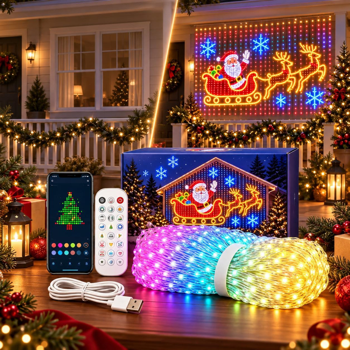 Smart LED Christmas Curtain Lights – RGB Waterproof Outdoor Lights with App & Remote Control, 256–1024 LEDs – Turn Your Home Into a Festive Light Show Everyone Remembers