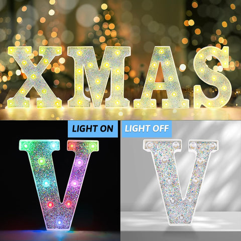 V Style Color Changing LED Letter Light, Glitter Marquee Lamp with 18 Colors, Remote Controlled, Battery Powered Decorative Letter Light for Party, Wedding, Birthday and Home Decor