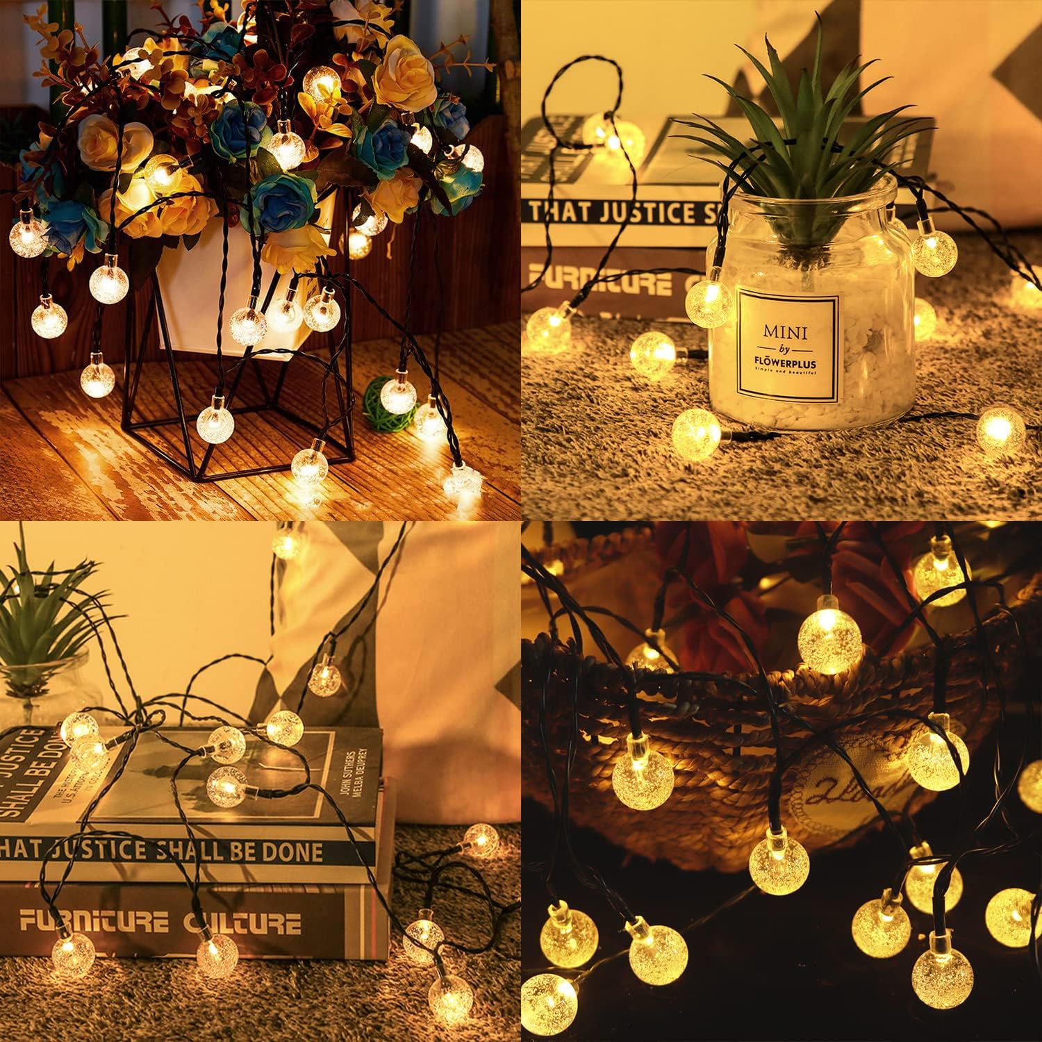 String lights with decorative elements on a wooden surface, books, and a vase.