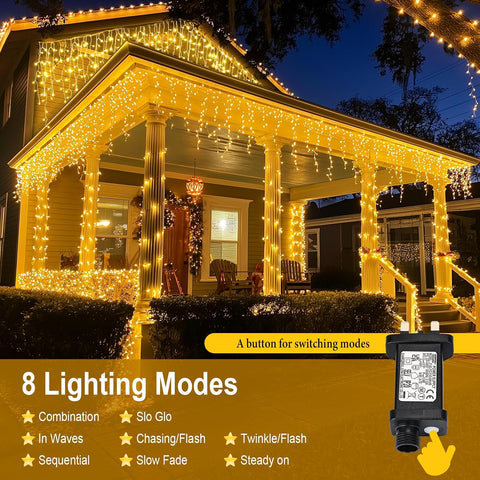 5M 216 LED Outdoor Icicle Christmas Lights – Warm White Plug In Fairy Lights with Timer, 8 Modes & IP44 Water Resistant Design - Turn Your Home Into a Winter Wonderland