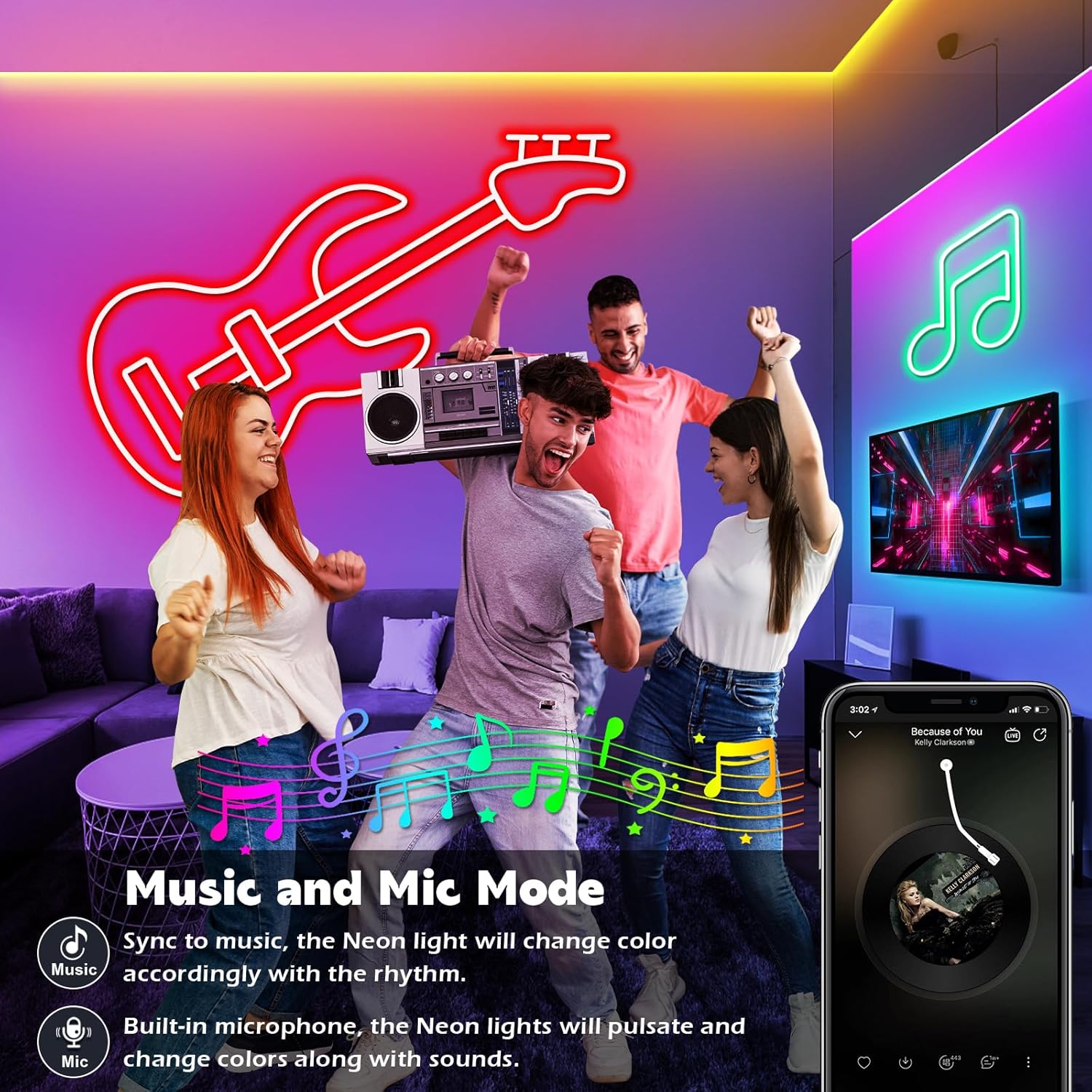 People dancing in a room with neon lights and a TV displaying music-themed graphics.
