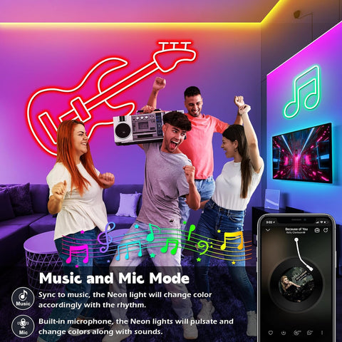 People dancing in a room with neon lights and a TV displaying music-themed graphics.