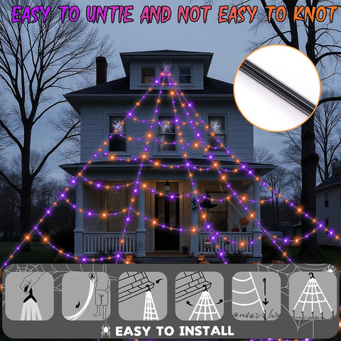 Halloween Spider Web Lights Outdoor 16.4 x 14.44ft Giant Cobweb with 550 Purple & Orange LEDs, 11 Lighting Modes, Remote Control & Timer for Gardens, Yards & Halloween Displays