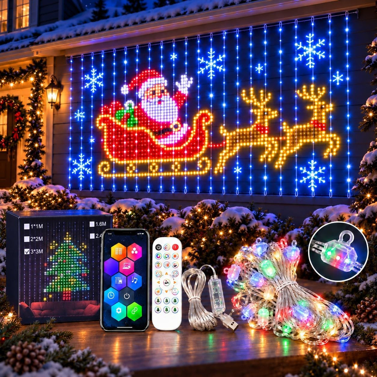Laspi Smart LED Curtain Lights Christmas 1.6 x 1.6m with 256 RGB LEDs, Bluetooth App & Remote Control - Turn Any Wall Into a Glow-Up Worth Staying In