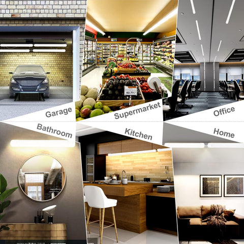 Collage of different indoor settings including a garage, supermarket, office, home, and bathroom.