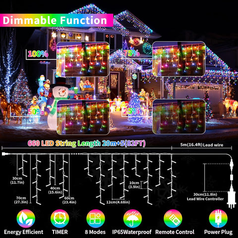 660 LED Outdoor Icicle Christmas Lights 25m/82ft – IP65 Waterproof Fairy String Lights with 8 Modes, Remote & Timer for Porch, Roof, Garden & Balcony - Turn Your Home into a Winter Wonderland