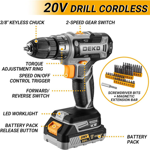 Cordless Drill Tool Kit Set: DEKO 20V Power Drill Tool Box with Battery Electric Drill Driver for Men Home Hand Repair Basic Toolbox Tools Sets Drills Case,186 Pieces