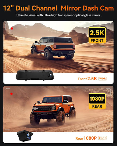 WOLFBOX G840H 12" Mirror Dash Cam Front and Rear with ADAS & BSD