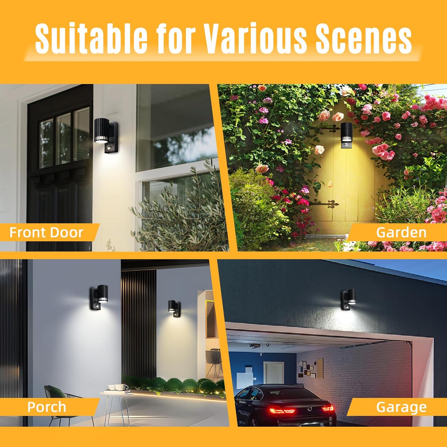 Outdoor wall light fixtures shown in various settings including front door, garden, porch, and garage.