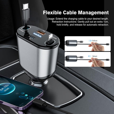 MAGJIEYX 100W Retractable Car Charger Dual USB-Cables & USB Ports