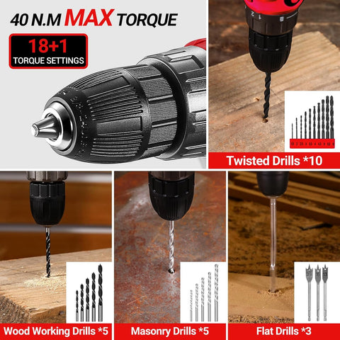 Cordless Drill Tool Kit Set: DEKO 20V Power Drill Tool Box with Battery Electric Drill Driver for Men Home Hand Repair Basic Toolbox Tools Sets Drills Case,186 Pieces(Red)