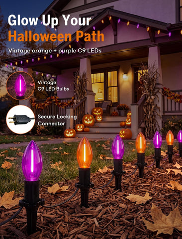 Outdoor Pathway Lights - 19.5 Ft Purple & Orange String Lights with 10 C9 LED Bulbs and Stakes, Connectable, Waterproof, Perfect for Halloween, Yard, Lawn, Garden