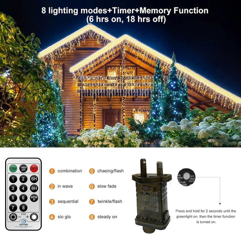 Icicle Lights Outdoor Plug In 30M 540 LED Warm White – Waterproof Curtain Lights with 8 Modes & Timer for Roof Eaves, Gutters & Windows - Turn Empty Edges Into Evening Magic