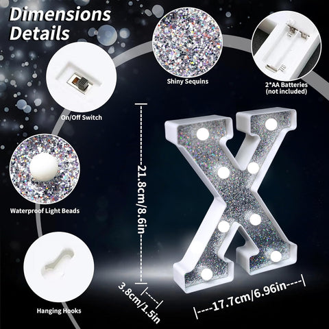 LED Marquee Letter Lights, Light Up Silver Glitter Letters Sign Battery Powered Night Light for Birthday Party Wedding Home Decoration Baby Shower