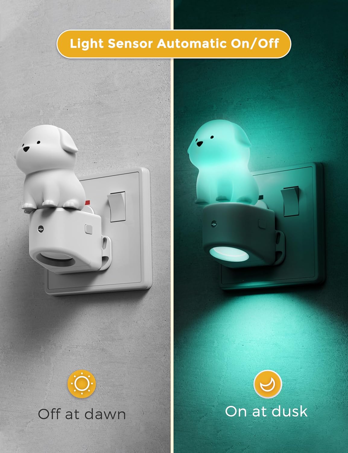 Dog-shaped night light with light sensor on a wall switch, showing 'Off at dawn' and 'On at dusk' text.