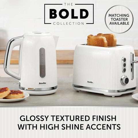 Bold White Electric Kettle – 1.7L Capacity, 3kW Fast Boil, Gloss Textured Design with Chrome Accents, Easy Clean & Cord Storage