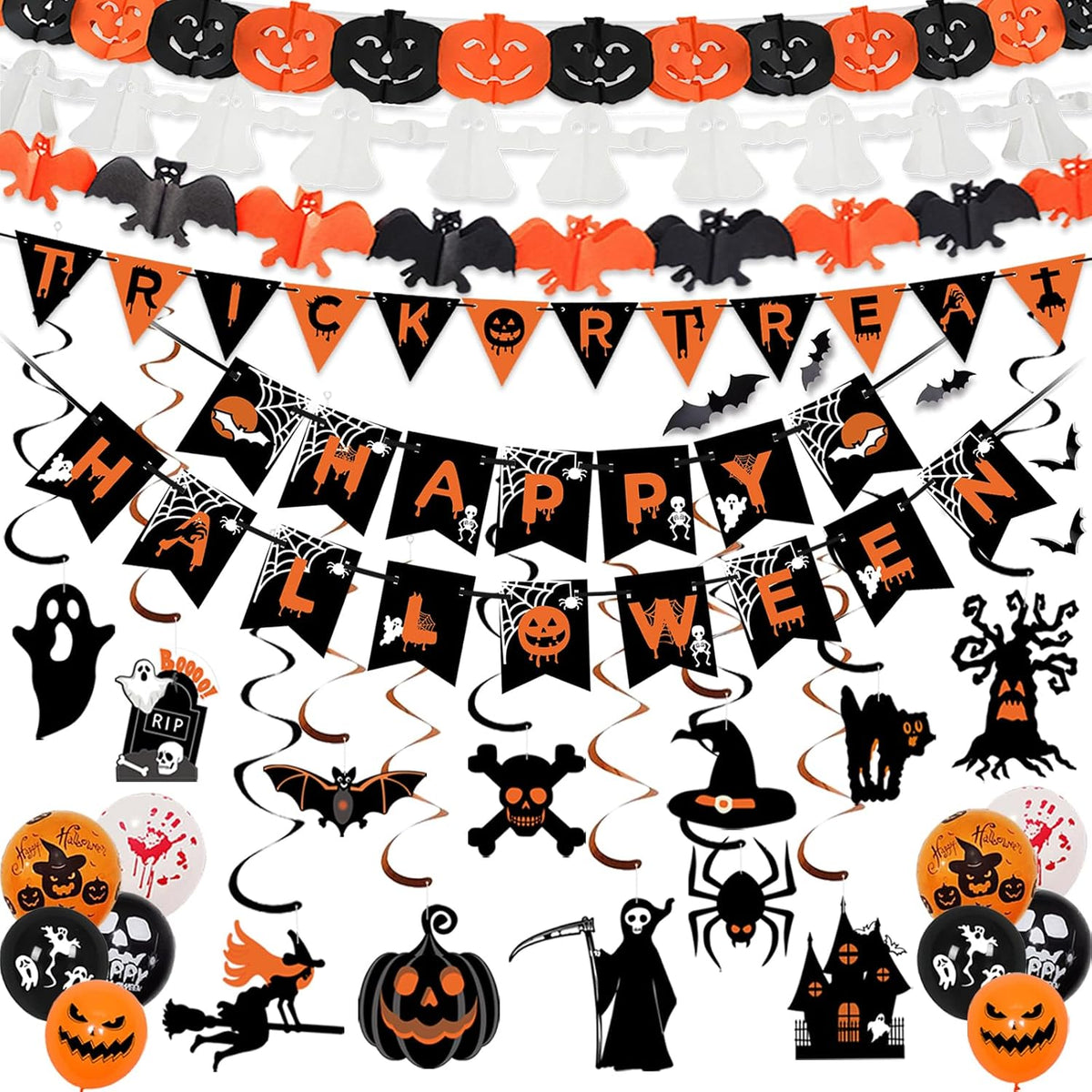 AMLOOPK Halloween Decorations Indoor Set – Happy Halloween Banner, Bunting, Hanging Decorations, Bats, Balloons & Garlands for Halloween Parties, Homes, Schools & Offices