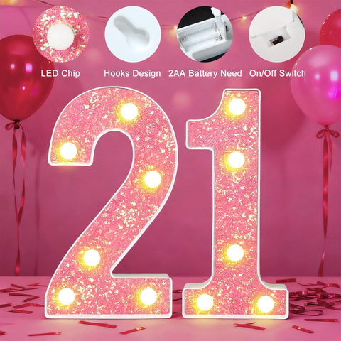 Pink LED Marquee Number 21 Birthday Light