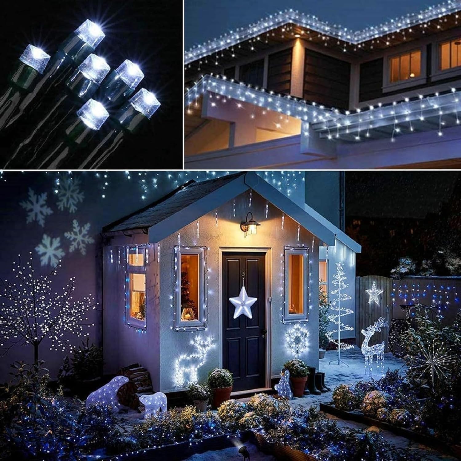 Decorative string lights being used to light up a house exterior and garden.
