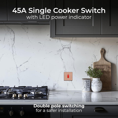 BG Electrical Cooker Control Switch Unit with LED Power Indicator, Single Plate, Double Pole, Screwless, Evolve, Polished Copper, 45A, PCDCP74B